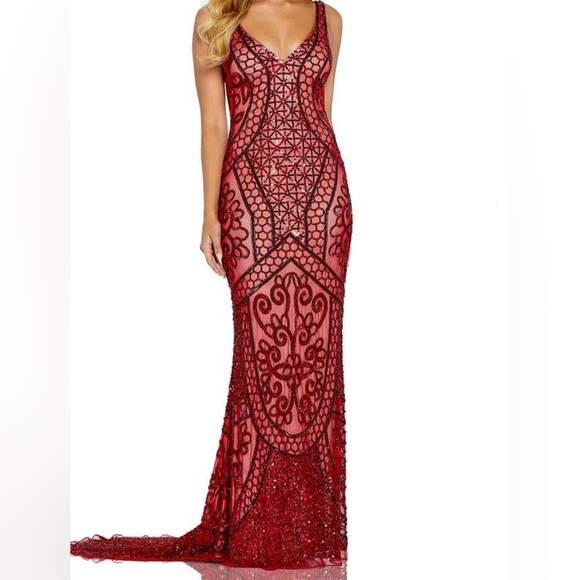 Amarra 20920 Red Size 8 Beaded Sleeveless V Neck Long Dress - Picture 1 of 7